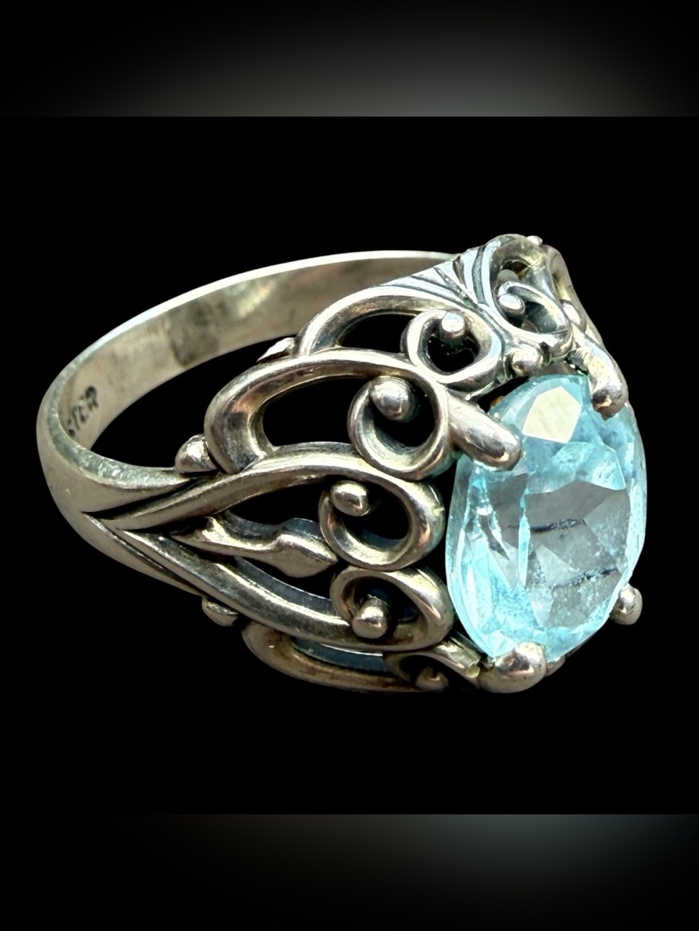 Sz 8 Vintage Kabana KBN Signed Sterling Silver Blue Topaz Domed Filigree Ring